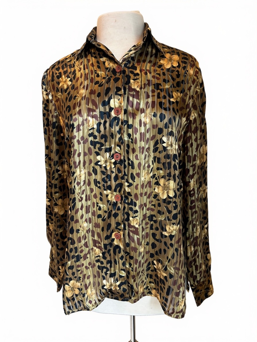 Womens Floral Leopard Print Button-Up Shirt - Mesmerize